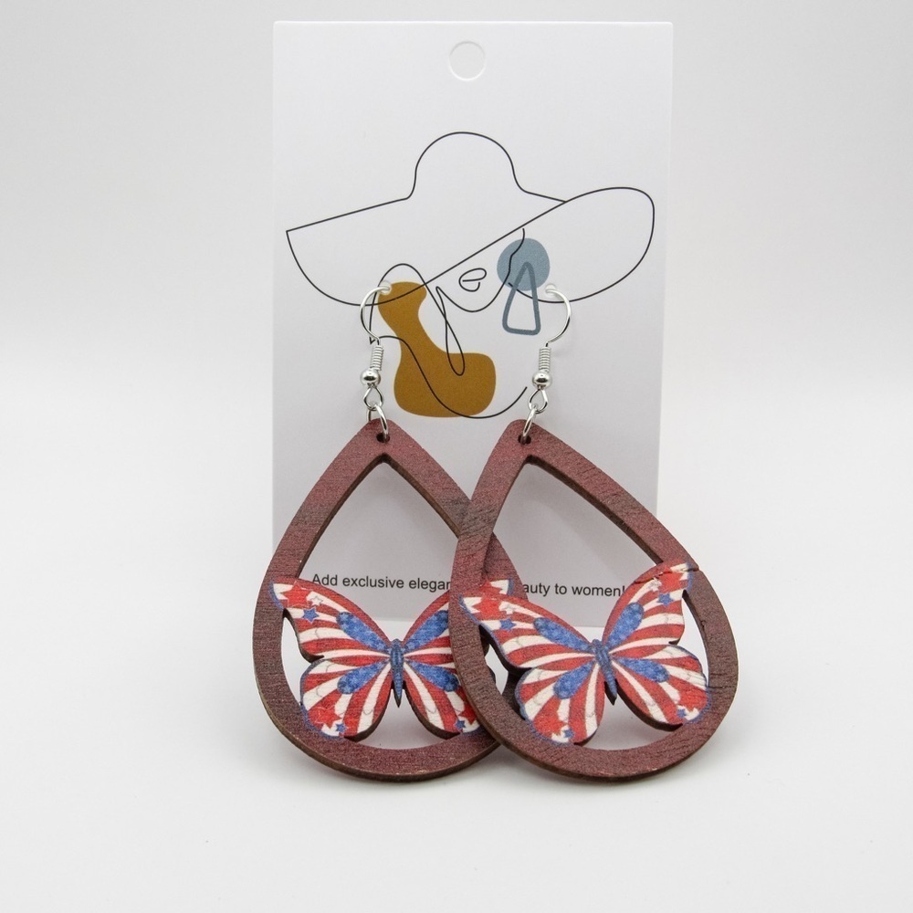 Patriotic American Wooden Boho Summer Dangle Earrings - Independence Day